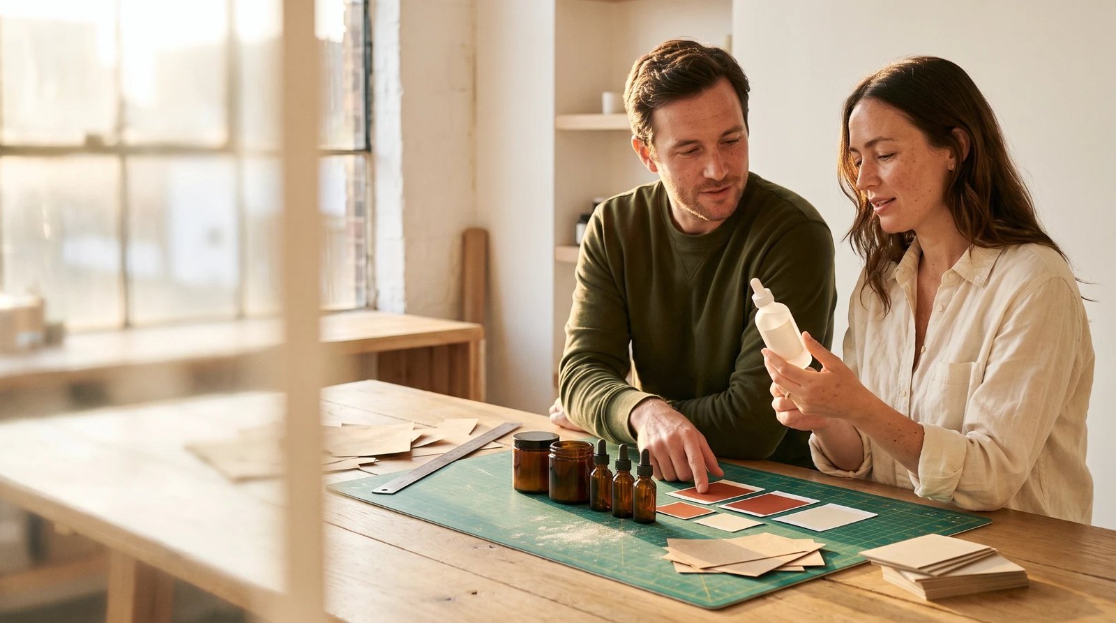 A man in an olive sweatshirt pointing at terracotta and cream label swatches on a green cutting mat while a woman in a cream linen shirt holds up a frosted glass bottle, with amber jars, dropper bottles, a steel ruler, and paper offcuts on a wooden table in a sunlit studio